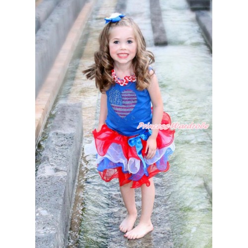  American's Birthday Royal Blue Tank Top With Red White Chevron Satin Lacing With Sparkle Crystal Bling Rhinestone USA Heart Print With Royal Blue Bow Red White Blue Petal Pettiskirt MN89 